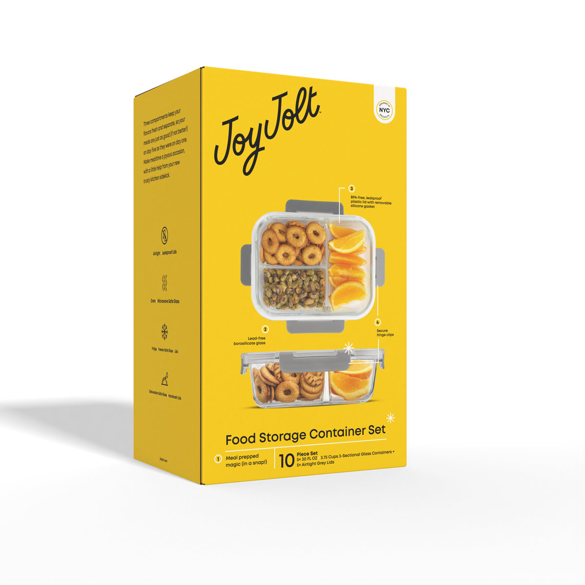 JoyJolt 10-Piece 3-Section Glass Food Storage Container (Set of 5)